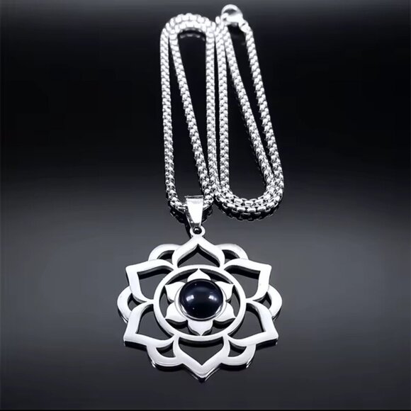 Spiritual Lotus Pendant Necklace with Moonstone - Stainless Steel 20" #1533 - Picture 3 of 4